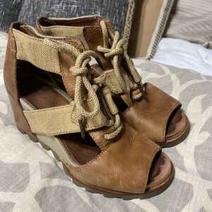 Sorel Tan and Brown Wedge Sandals